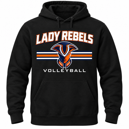 Lady Rebels Volleyball Mascot Pullover Hoodie in Black, solid white stripes and lettering
