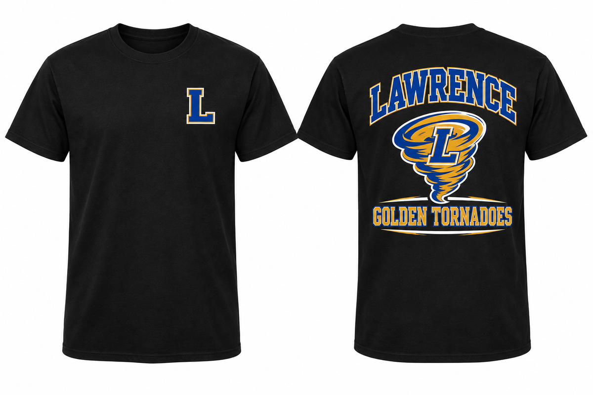 LAWRENCE GOLDEN TORNADOES black tee front and back