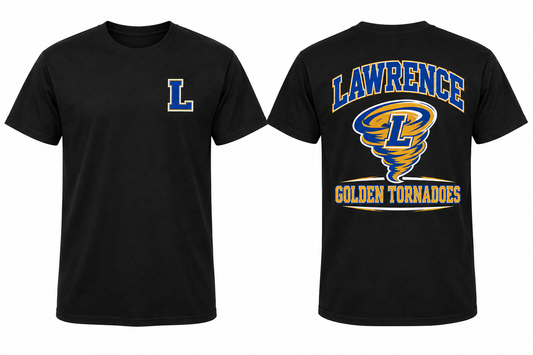 LAWRENCE GOLDEN TORNADOES black tee front and back