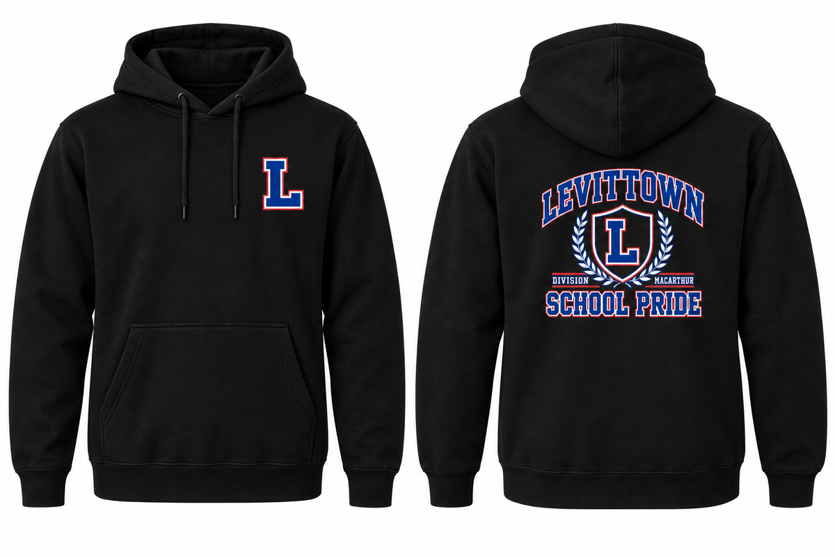 LEVITTOWN SCHOOL PRIDE black hoodie front and back