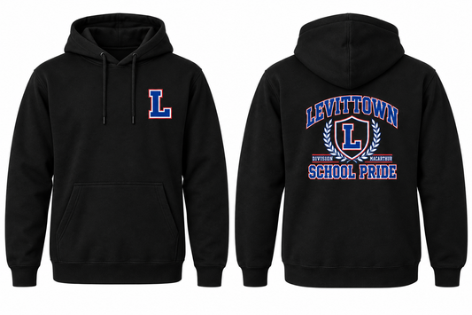 LEVITTOWN SCHOOL PRIDE black hoodie front and back