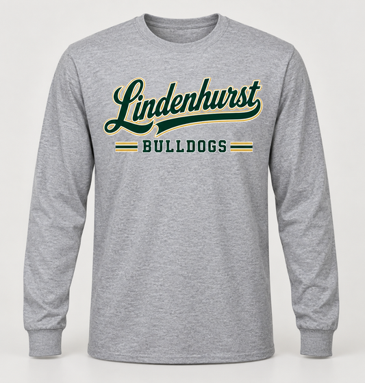 Lindenhurst Bulldogs Heritage Script Long Sleeve Tee in Heather Gray — front view