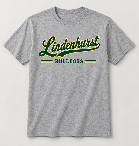 Lindenhurst Bulldogs Heritage Script Tee in Heather Gray — front view