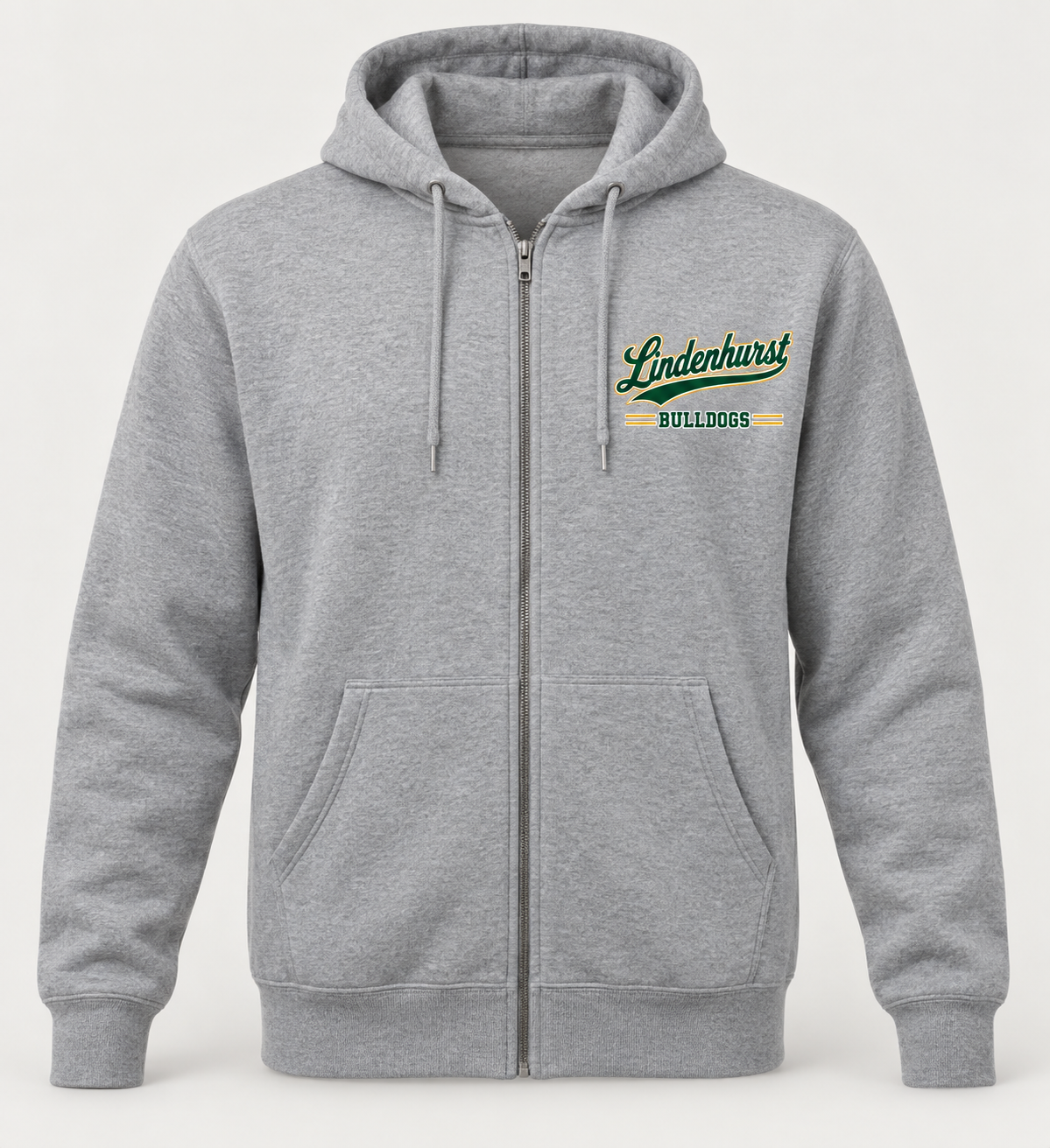 Lindenhurst Bulldogs Heritage Script Zip Hoodie in Heather Gray — front view
