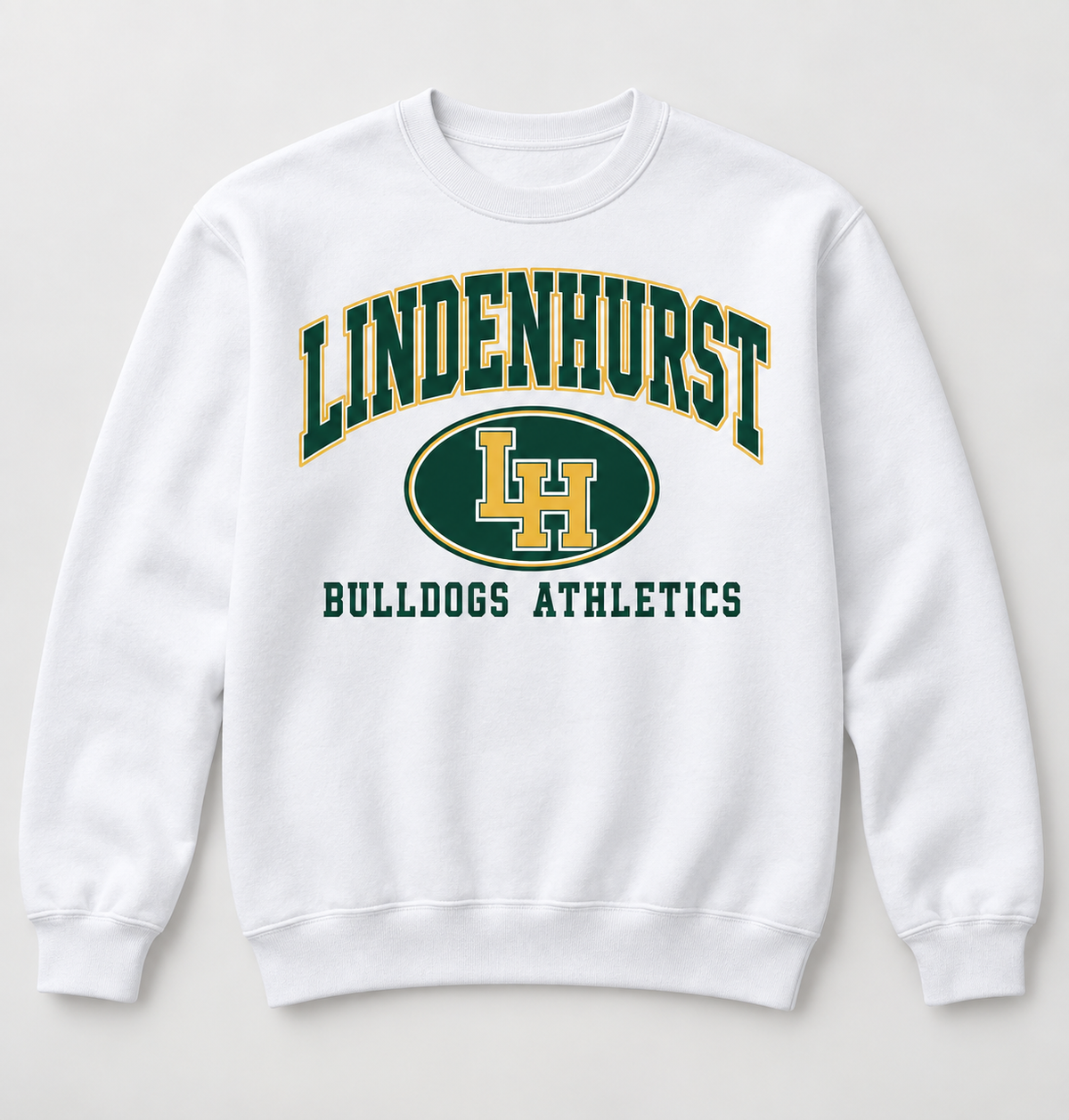 Lindenhurst Bulldogs Stadium Crest Crewneck Sweatshirt in White — front view