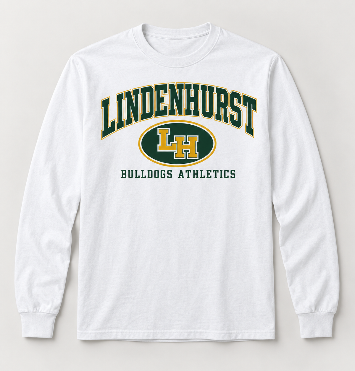 Lindenhurst Bulldogs Stadium Crest Long Sleeve Tee in White — front view
