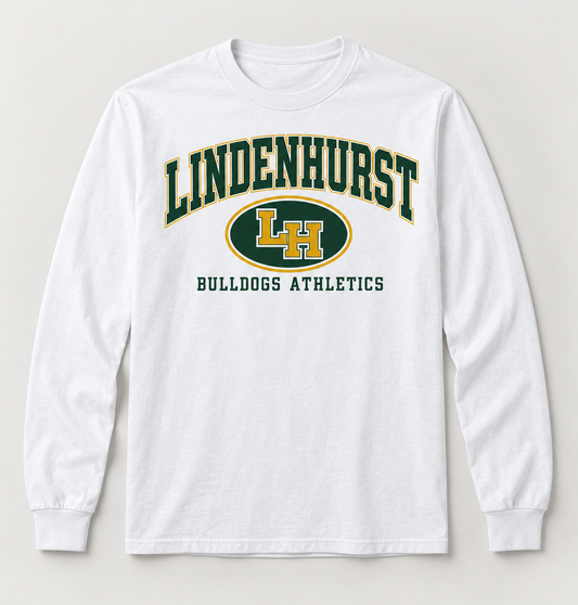 Lindenhurst Bulldogs Stadium Crest Long Sleeve Tee in White — front view