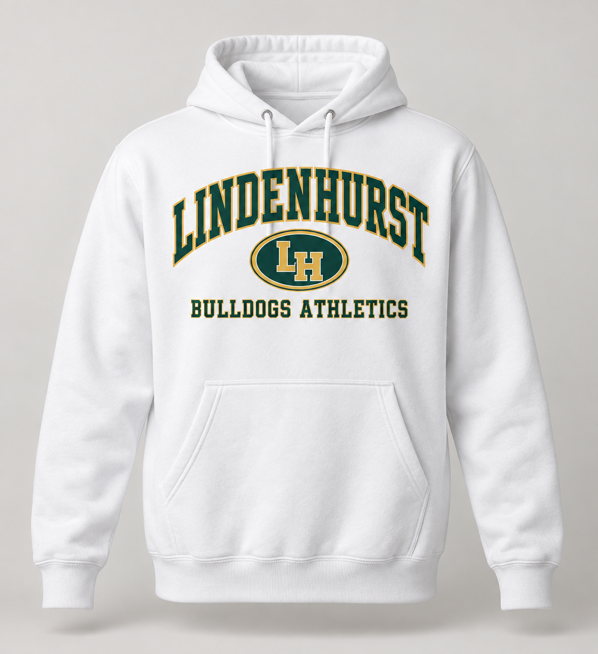 Lindenhurst Bulldogs Stadium Crest Pullover Hoodie in White — front view