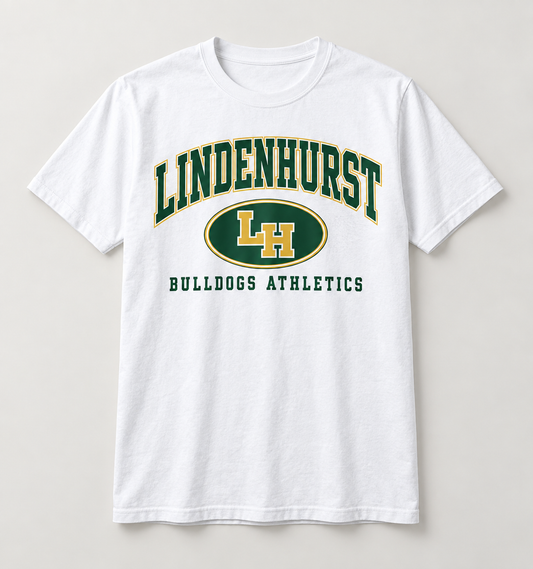 Lindenhurst Bulldogs Stadium Crest Tee in White — front view
