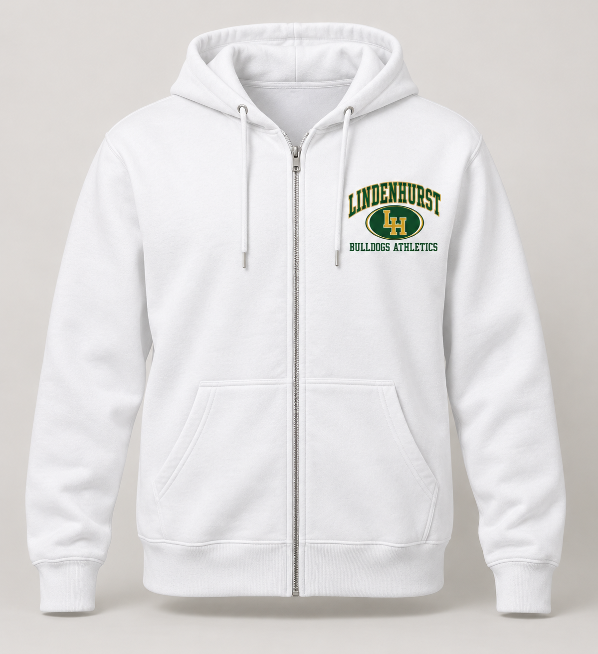 Lindenhurst Bulldogs Stadium Crest Zip Hoodie in White — front view