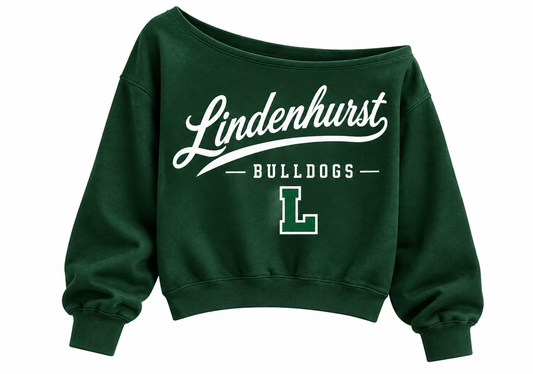 Lindenhurst Bulldogs Women's Heritage Script Off-Shoulder Crop Sweatshirt in Dark Green