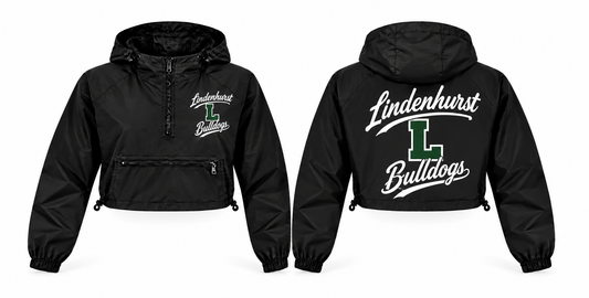 Lindenhurst Bulldogs Women's Script Crop Windbreaker - Front & Back in black