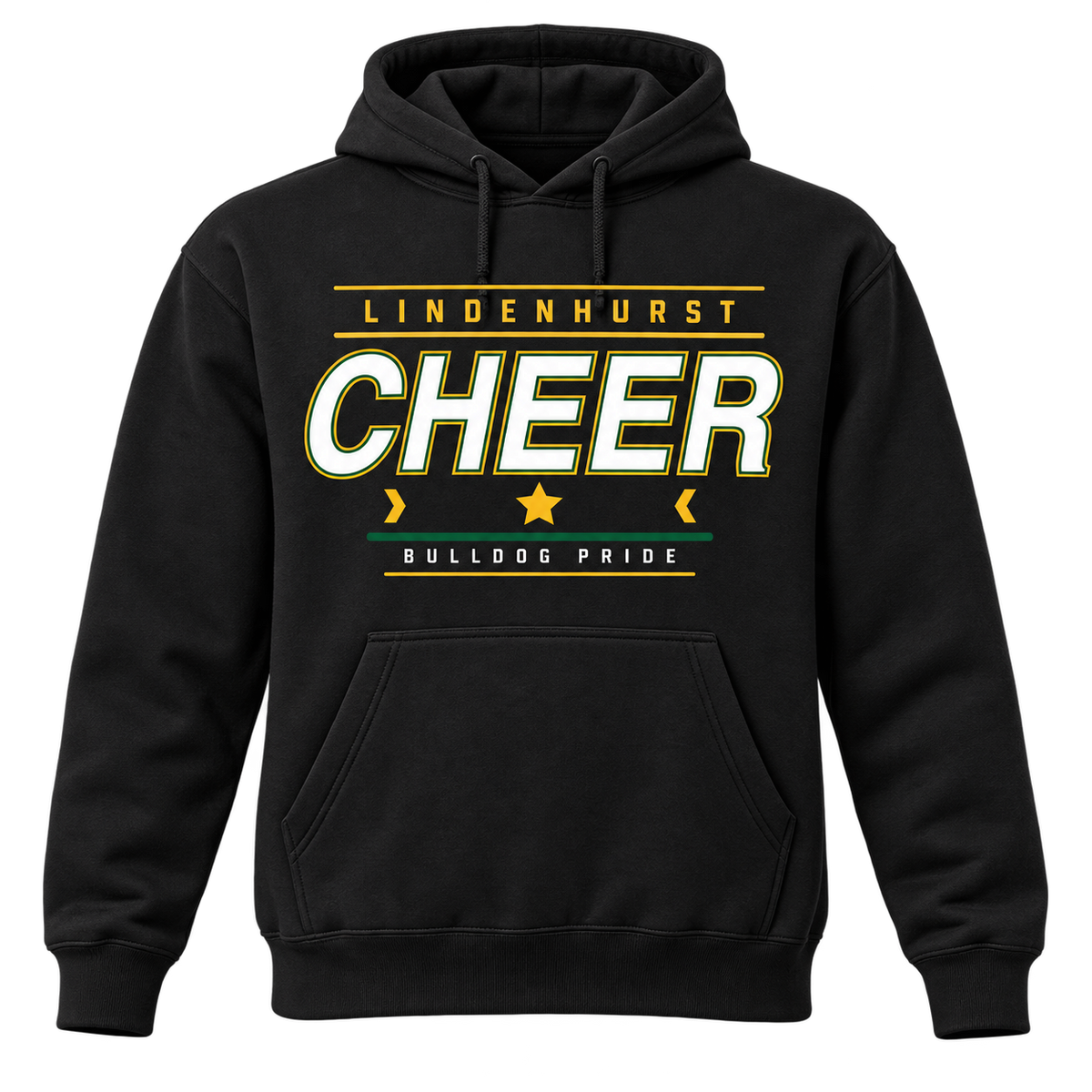 Black Lindenhurst Bulldogs Cheer Pro Stack adult pullover hoodie, front view