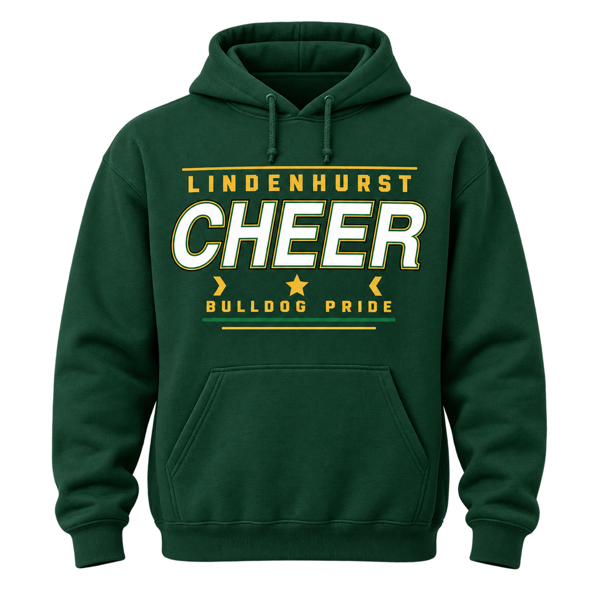 Forest Green Lindenhurst Bulldogs Cheer Pro Stack adult pullover hoodie, front view