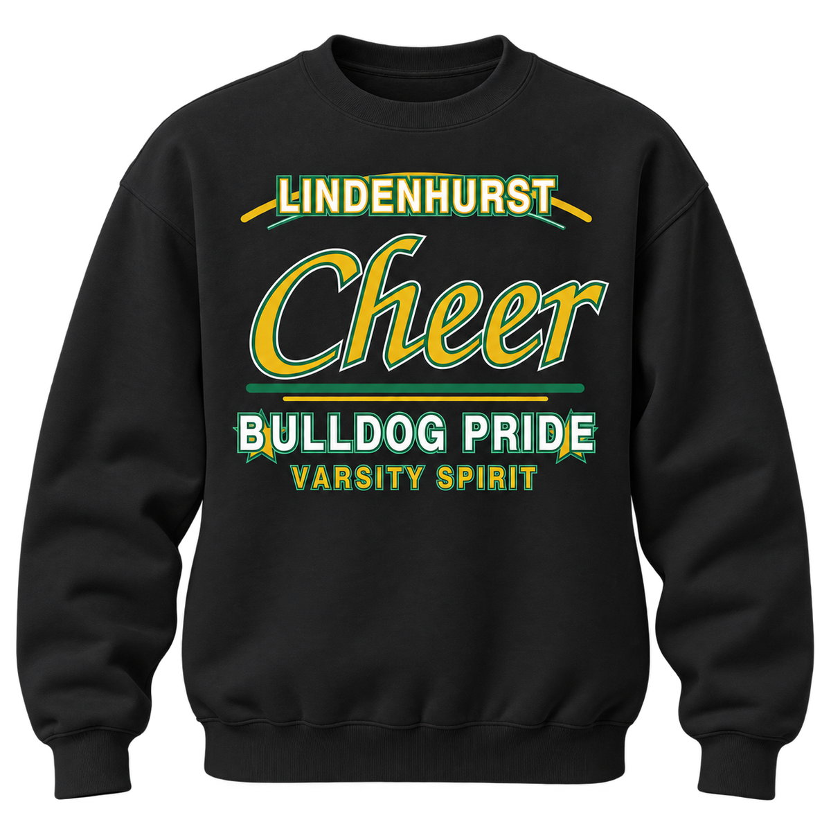 Jet black Lindenhurst Bulldogs Cheer Varsity Script adult crewneck sweatshirt