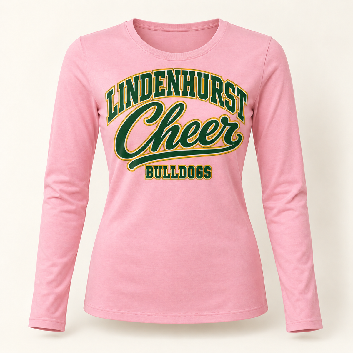 Lindenhurst Bulldogs Cheer women's varsity-script long-sleeve tee in Candy Pink