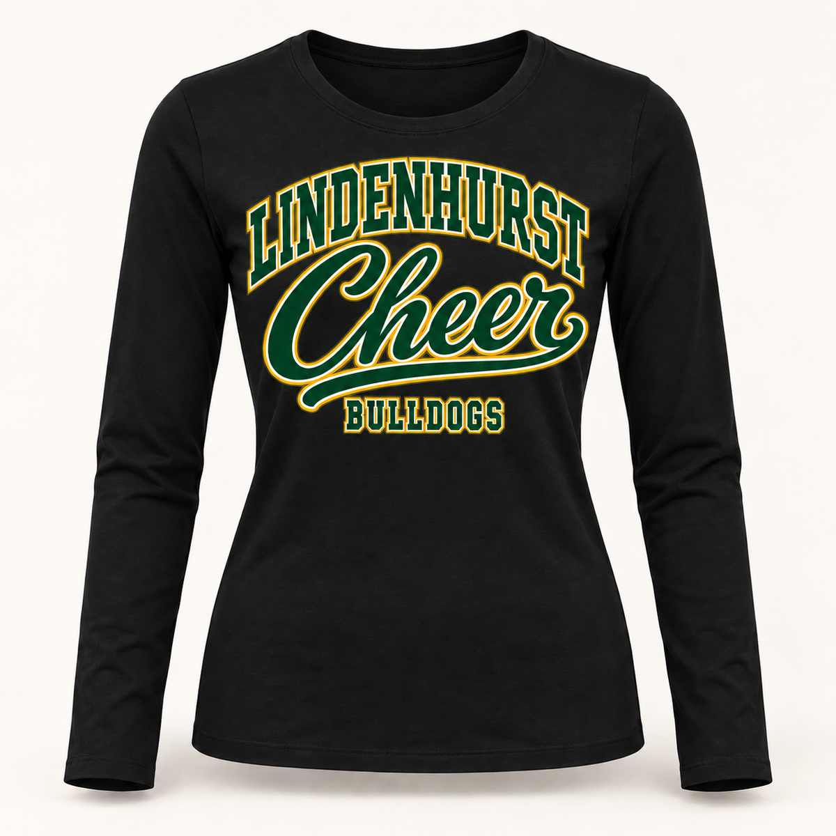 Lindenhurst Bulldogs Cheer women's varsity-script long-sleeve tee in Jet Black