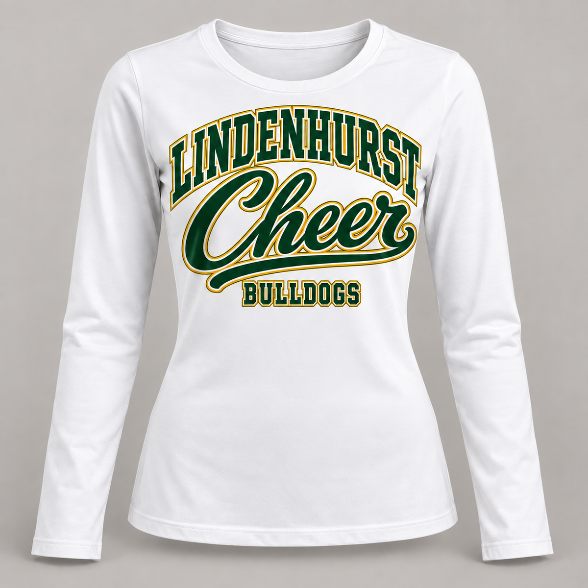 Lindenhurst Bulldogs Cheer women's varsity-script long-sleeve tee in White