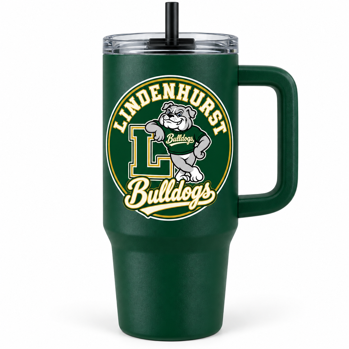 Lindenhurst Bulldogs Circle 40 oz Handled Tumbler Forest Green