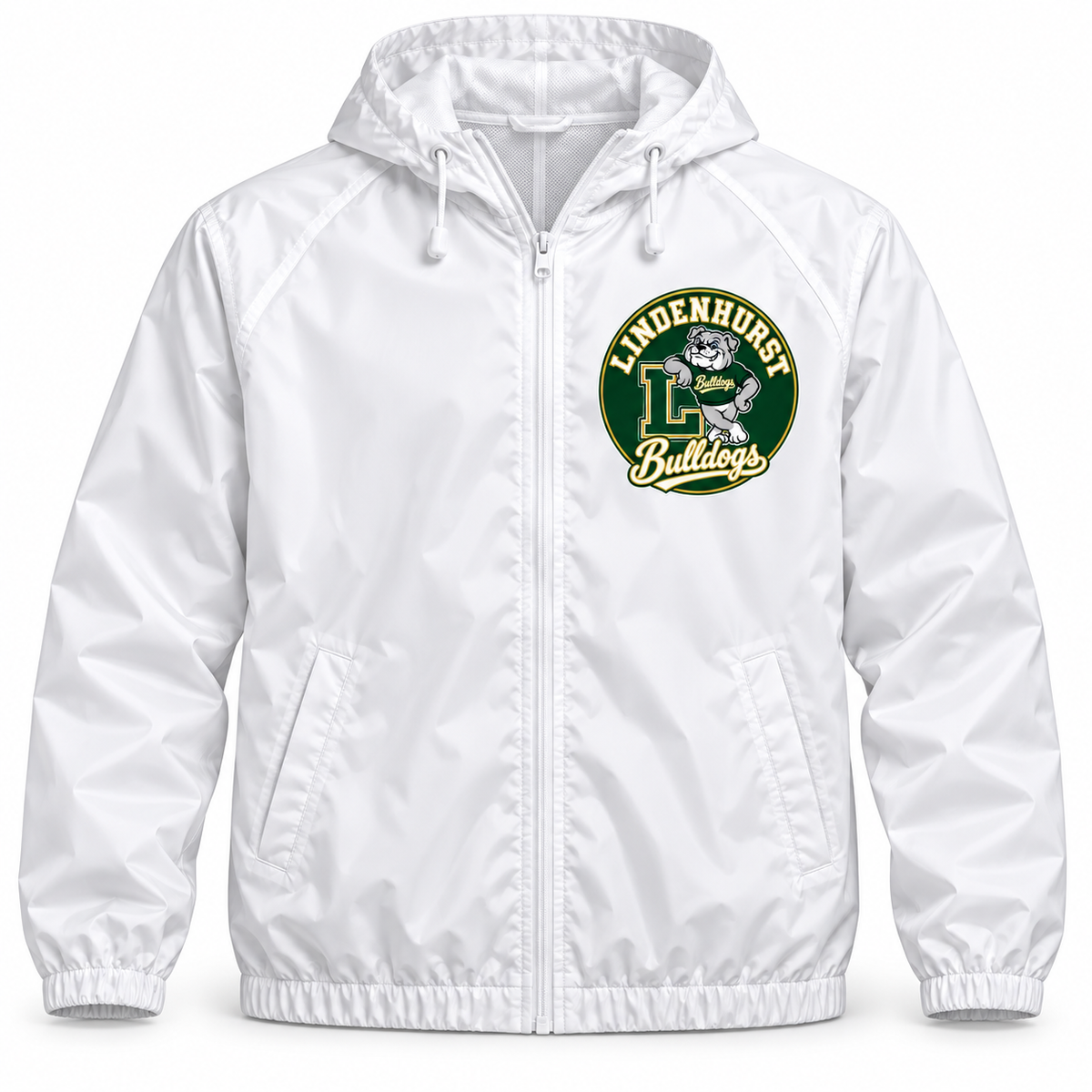 Lindenhurst Bulldogs Circle Hooded Windbreaker White
