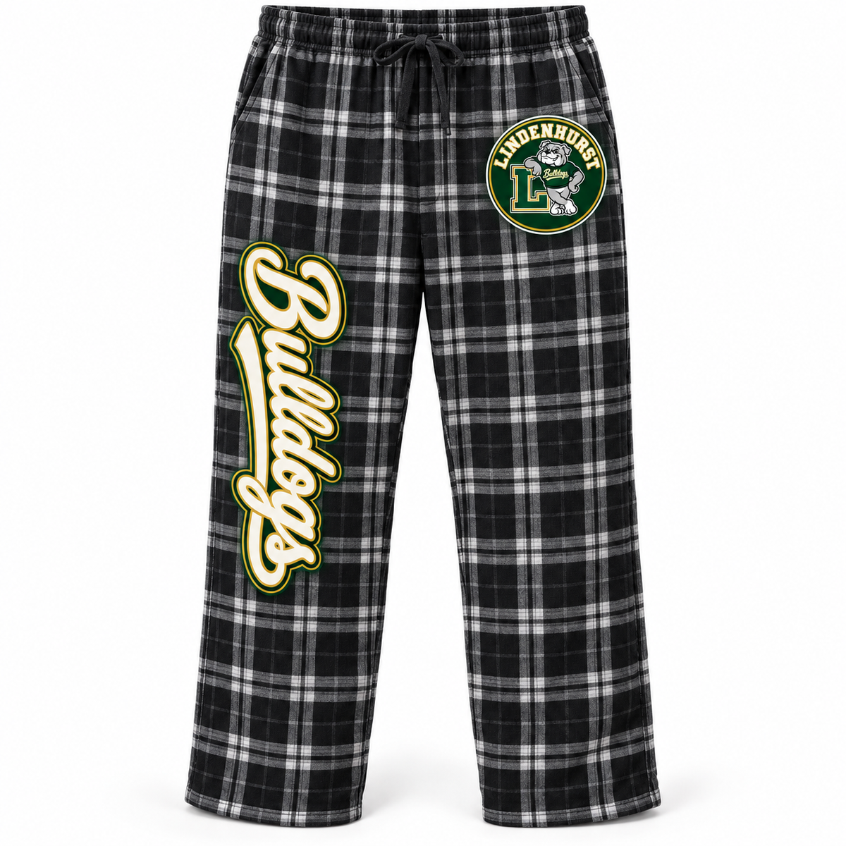 Lindenhurst Bulldogs Circle Plaid Flannel Pajama Pants Black / Gray Plaid