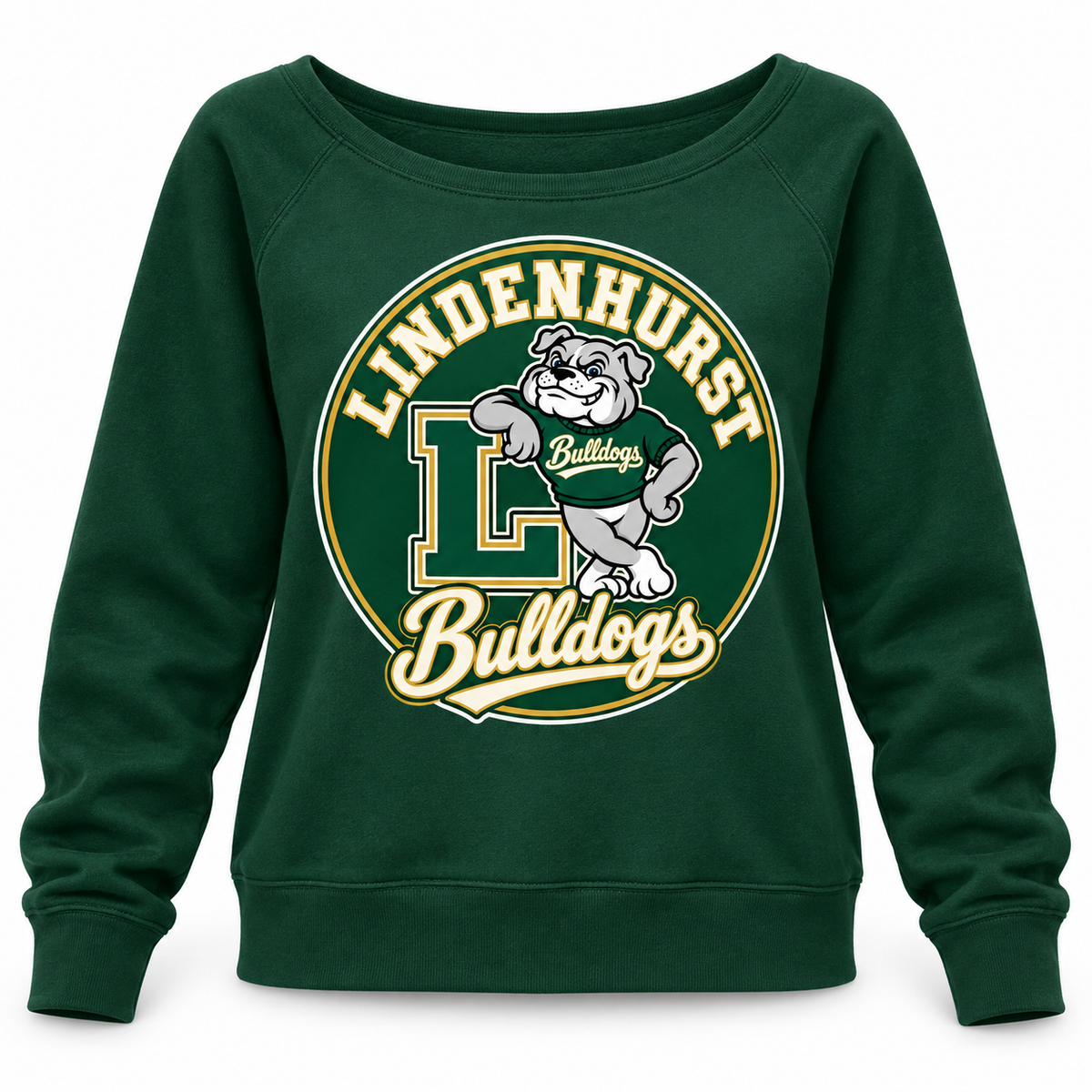 Lindenhurst Bulldogs Circle Wide-Neck Sweatshirt Forest Green