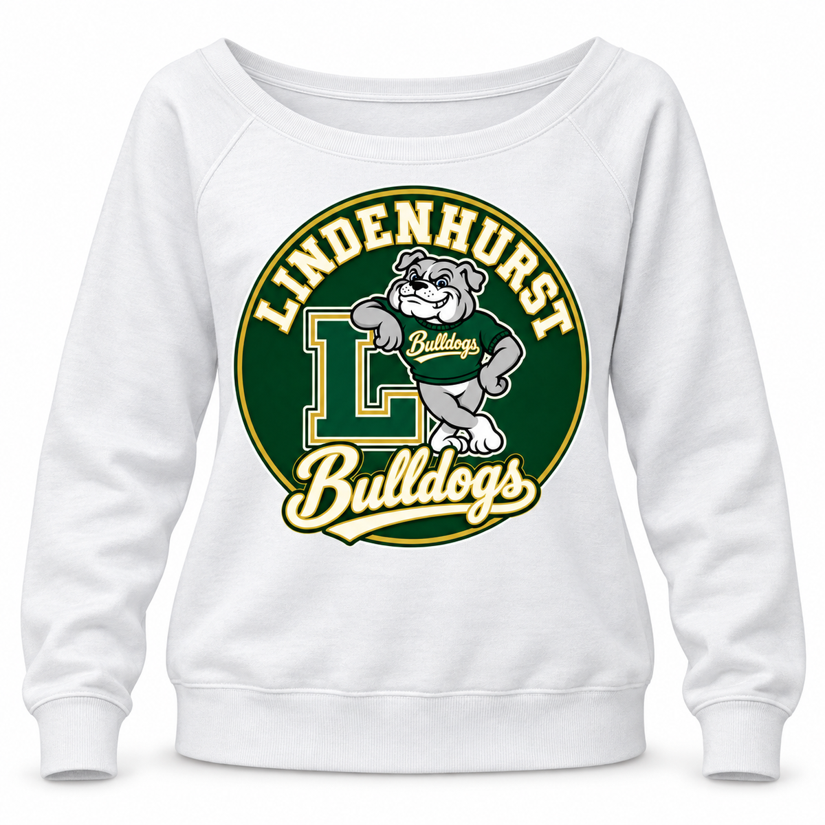 Lindenhurst Bulldogs Circle Wide-Neck Sweatshirt White