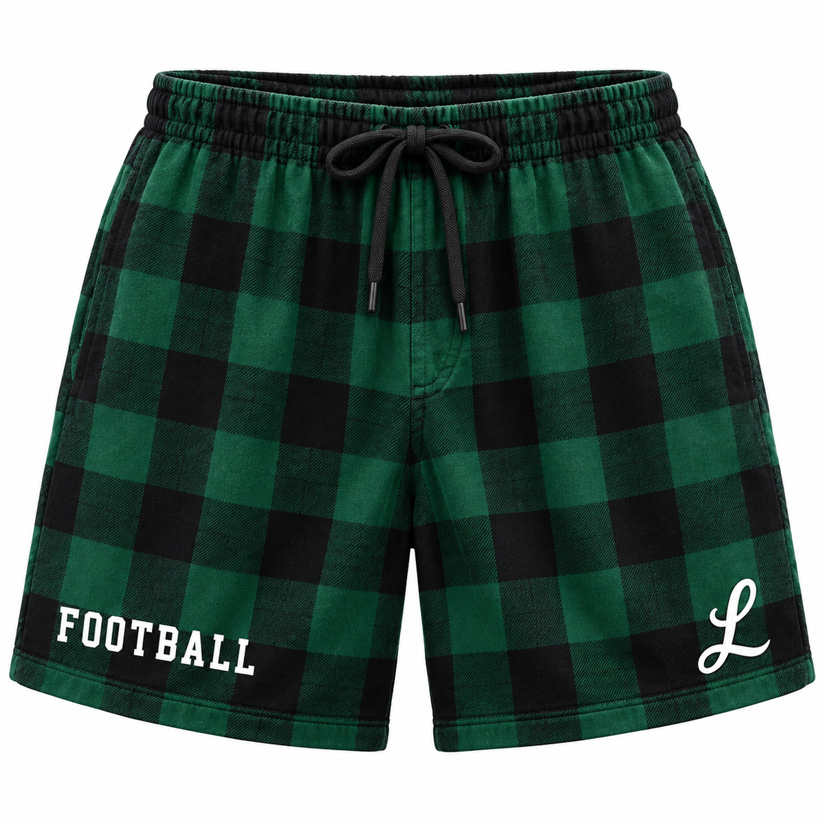Lindenhurst Football Heritage Script Plaid Pajama Shorts in Green / Black Plaid