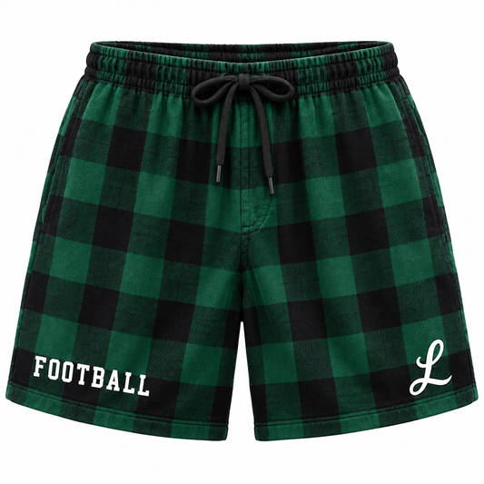 Lindenhurst Football Heritage Script Plaid Pajama Shorts in Green / Black Plaid