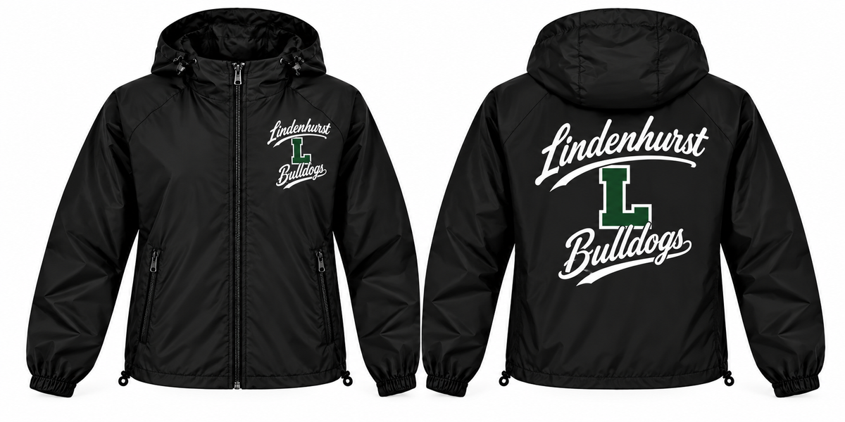 Lindenhurst Bulldogs black full-zip windbreaker front and back