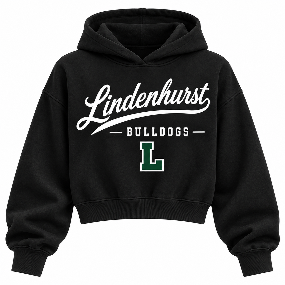Lindenhurst Bulldogs black cropped hoodie with heritage school script and varsity monogram on front