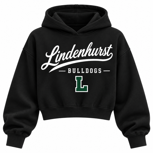 Lindenhurst Bulldogs black cropped hoodie with heritage school script and varsity monogram on front