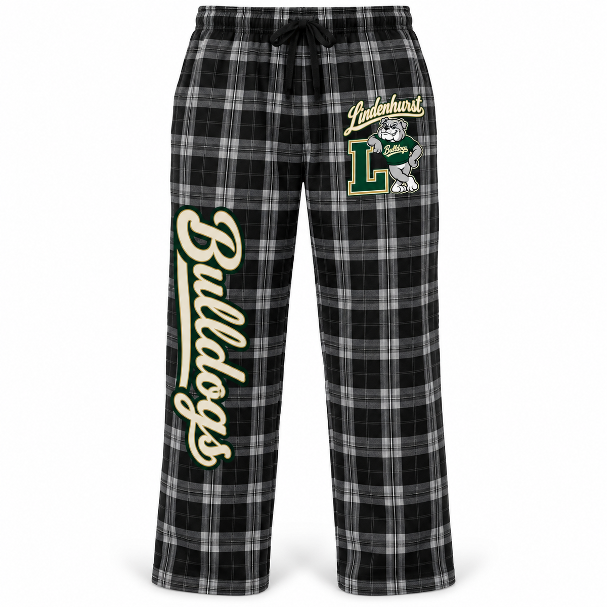 Lindenhurst Bulldogs Heritage Plaid Flannel Pajama Pants Black / Gray Plaid