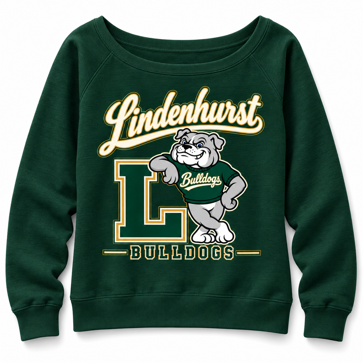 Lindenhurst Bulldogs Heritage Wide-Neck Sweatshirt Forest Green