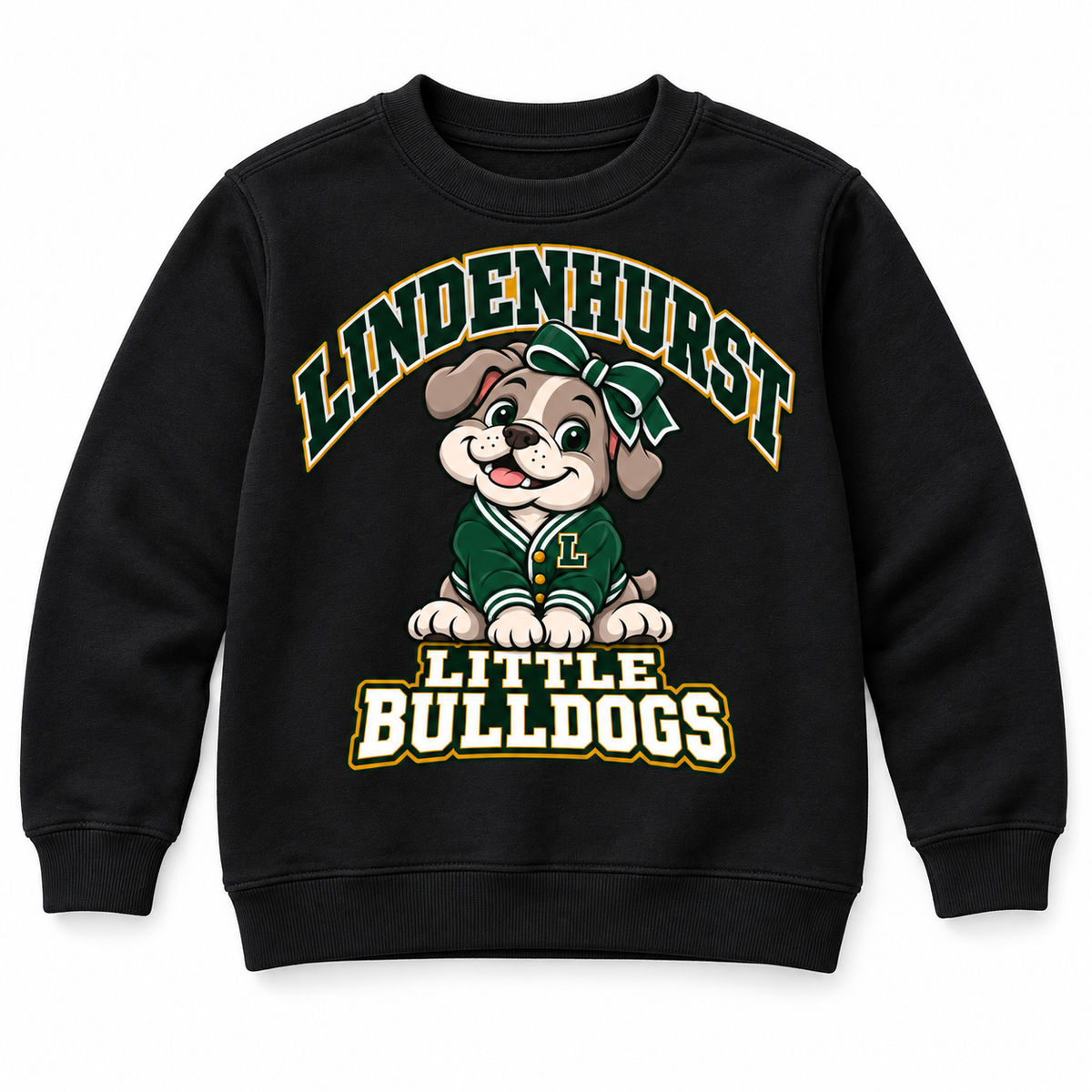 Lindenhurst Little Bulldogs Varsity Bow youth Crewneck Sweatshirt in Black, front view