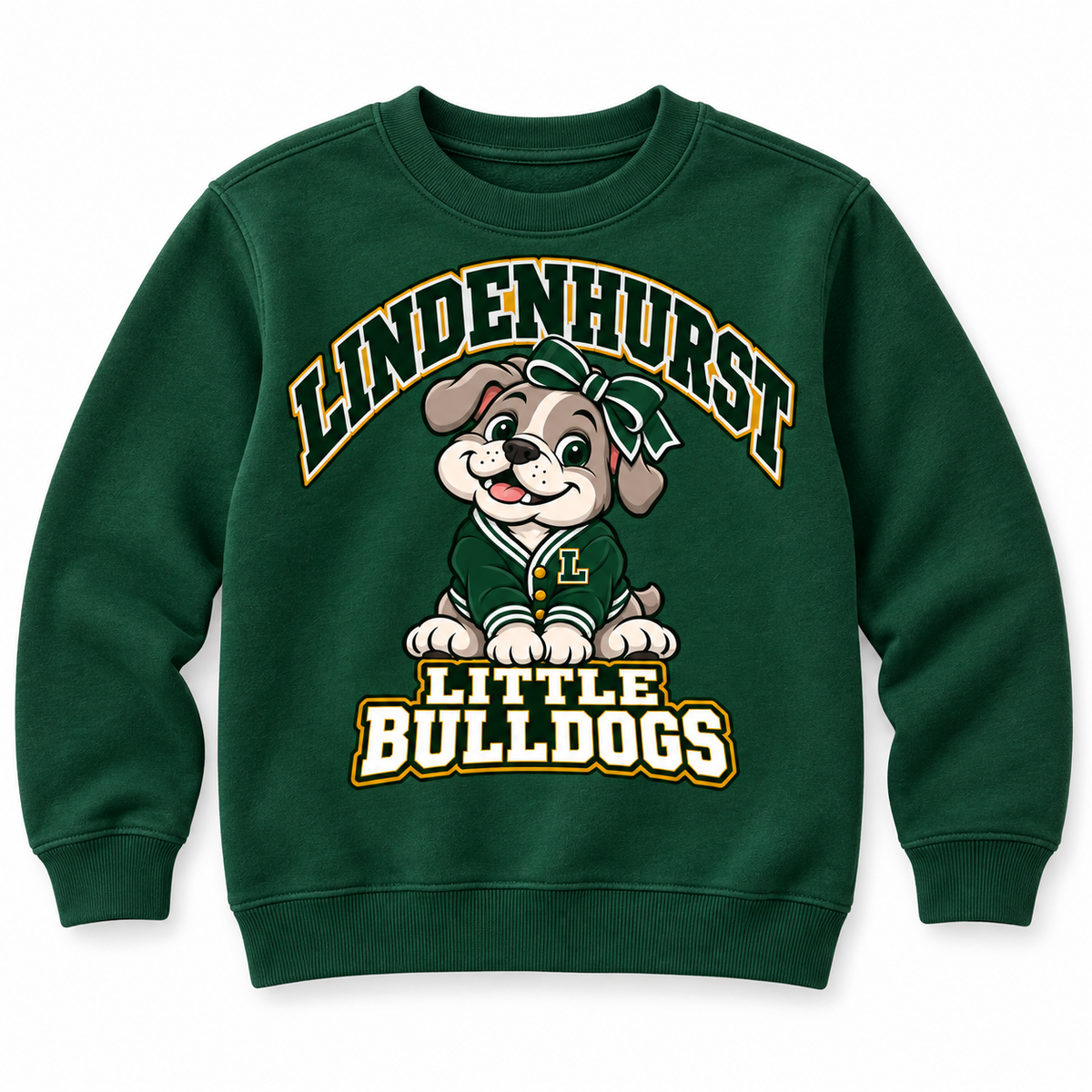Lindenhurst Little Bulldogs Varsity Bow youth Crewneck Sweatshirt in Forest Green, front view