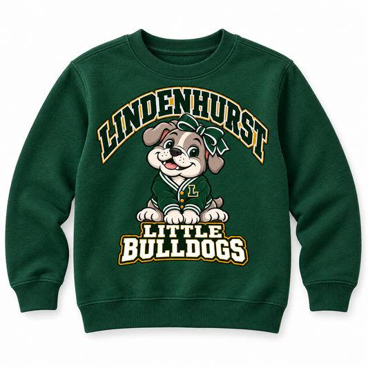 Lindenhurst Little Bulldogs Varsity Bow youth Crewneck Sweatshirt in Forest Green, front view