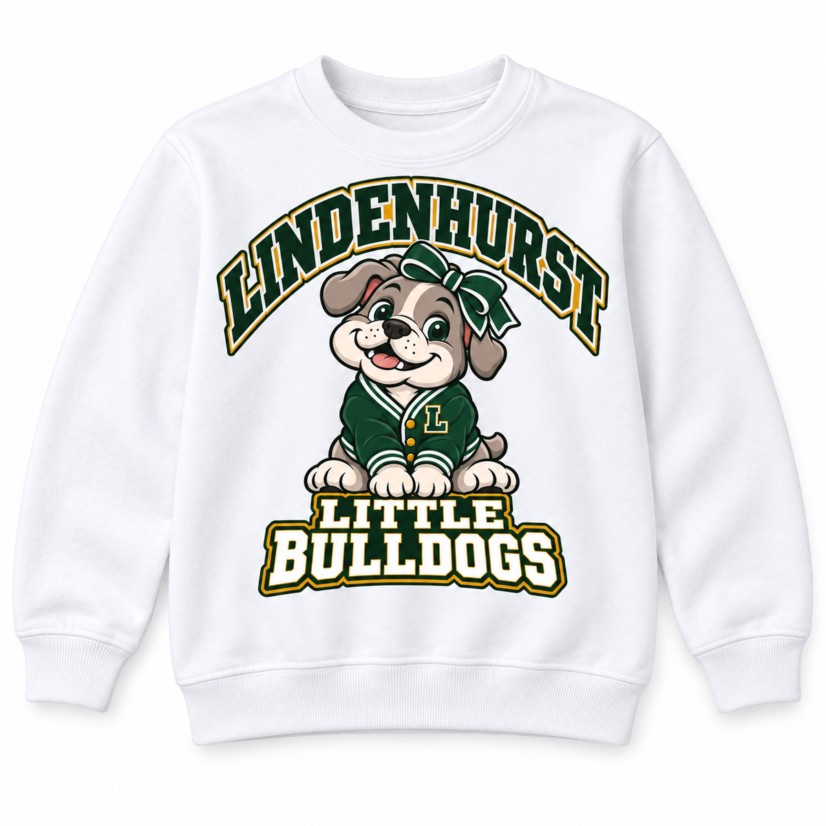 Lindenhurst Little Bulldogs Varsity Bow youth Crewneck Sweatshirt in White, front view