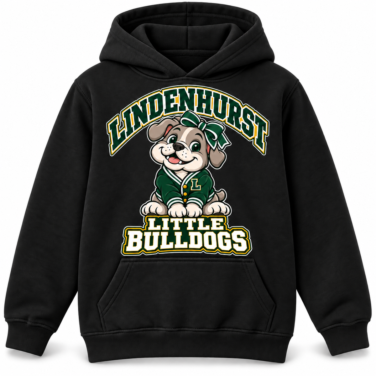 Lindenhurst Little Bulldogs Varsity Bow youth Pullover Hoodie in Black, front view