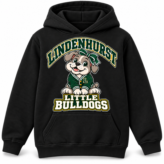 Lindenhurst Little Bulldogs Varsity Bow youth Pullover Hoodie in Black, front view