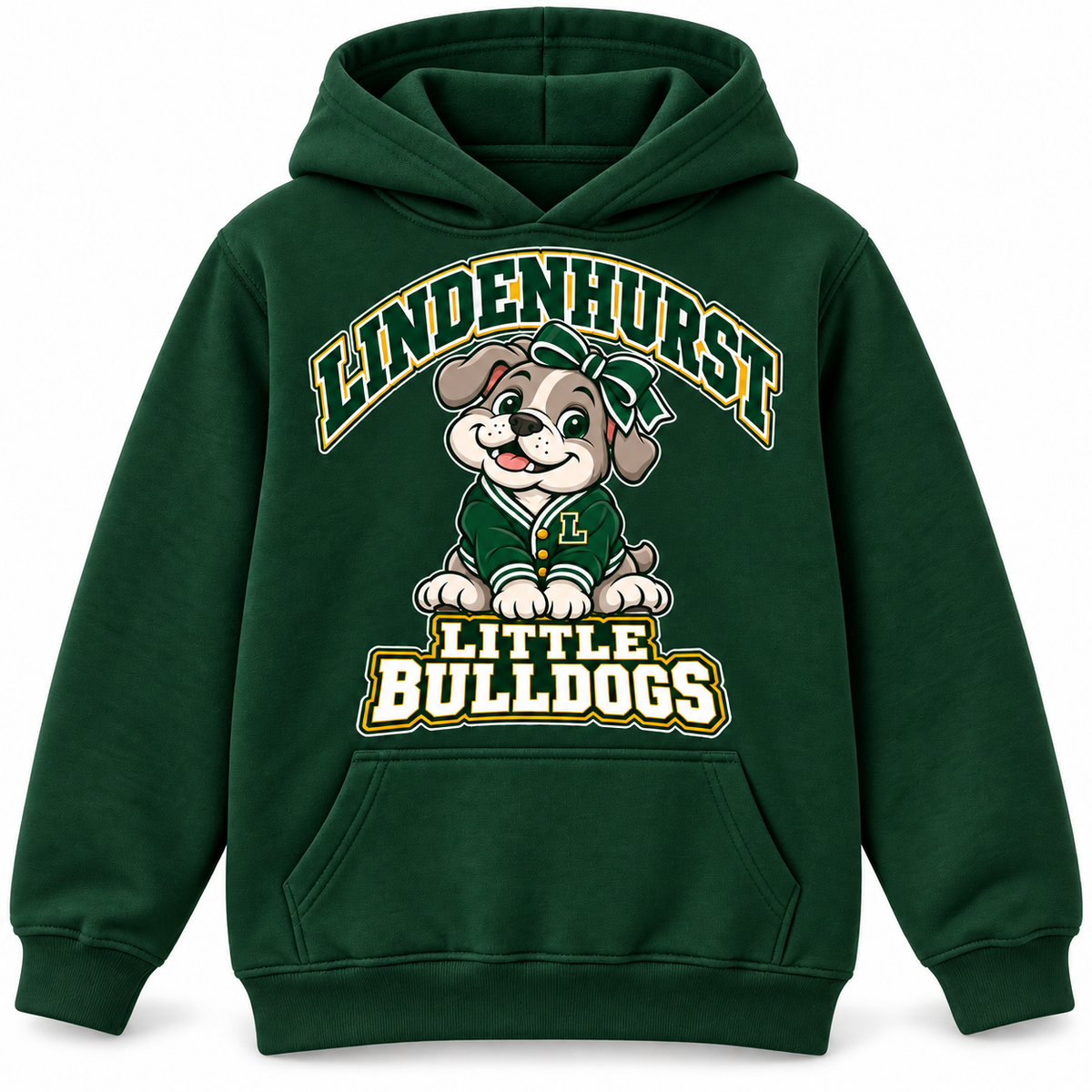 Lindenhurst Little Bulldogs Varsity Bow youth Pullover Hoodie in Forest Green, front view