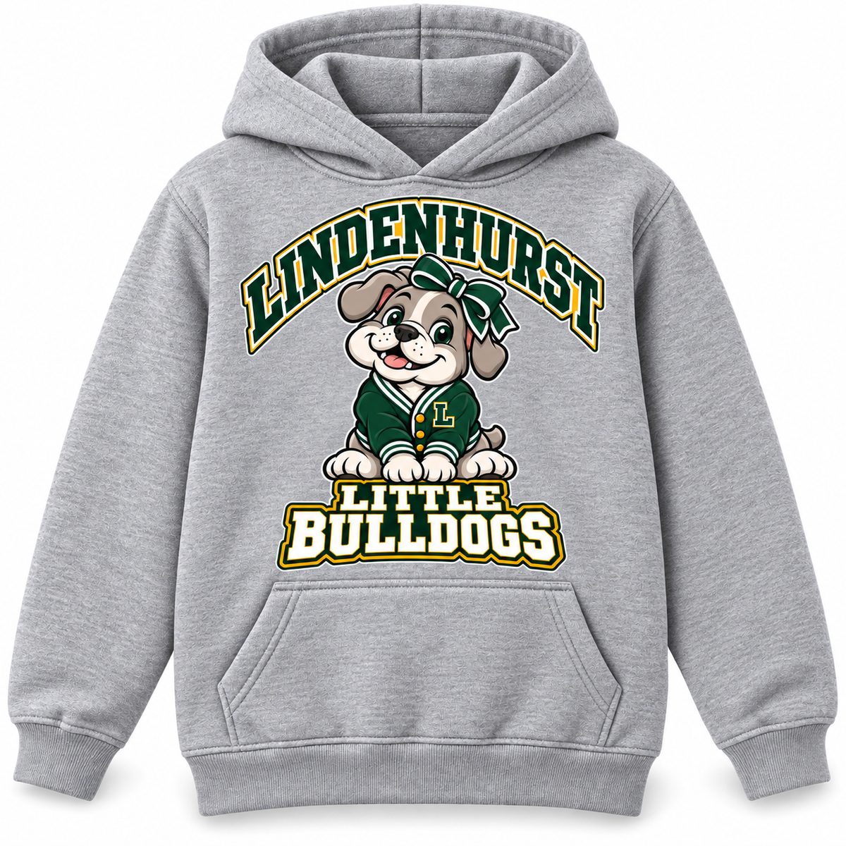 Lindenhurst Little Bulldogs Varsity Bow youth Pullover Hoodie in Heather Gray, front view