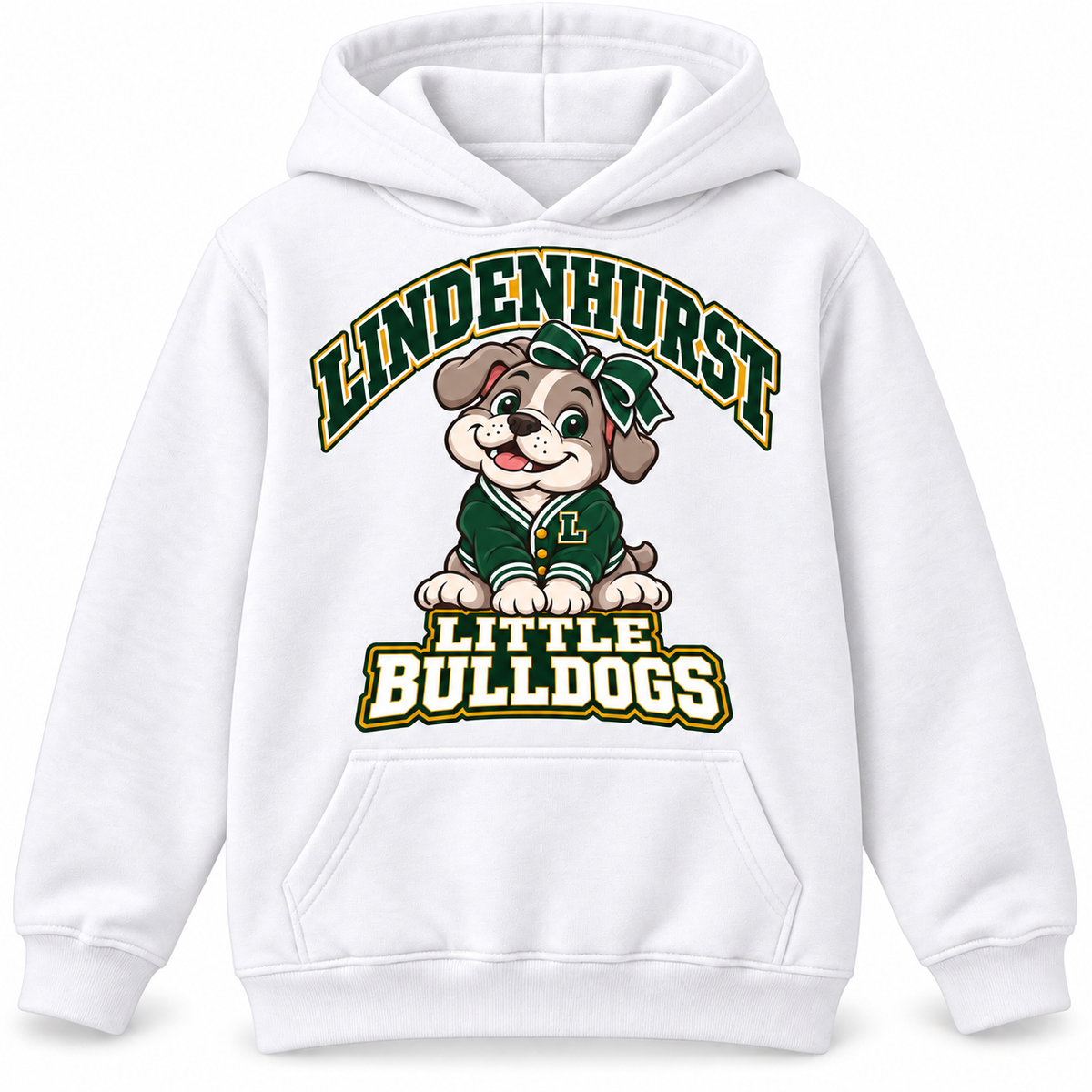 Lindenhurst Little Bulldogs Varsity Bow youth Pullover Hoodie in White, front view