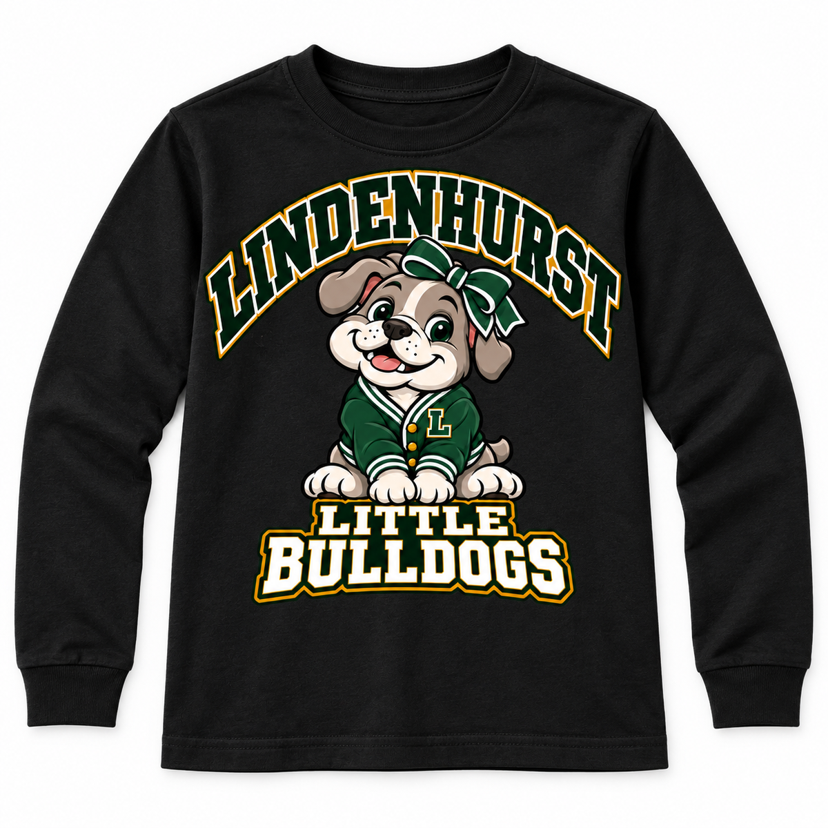 Lindenhurst Little Bulldogs Varsity Bow youth Long Sleeve Tee in Black, front view