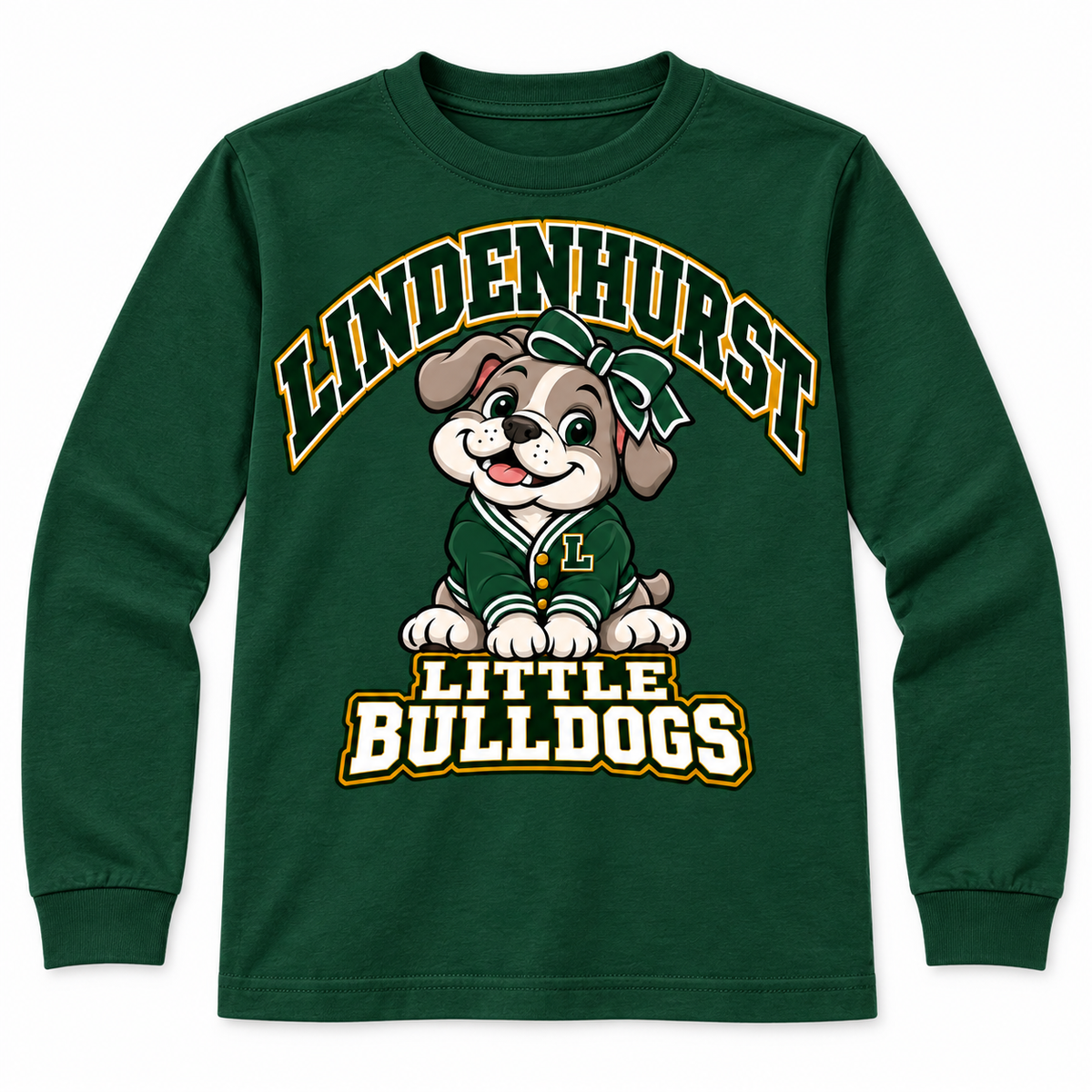 Lindenhurst Little Bulldogs Varsity Bow youth Long Sleeve Tee in Forest Green, front view