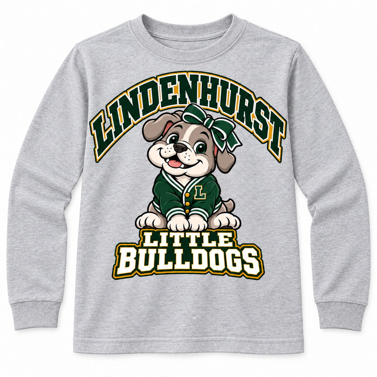 Lindenhurst Little Bulldogs Varsity Bow youth Long Sleeve Tee in Heather Gray, front view