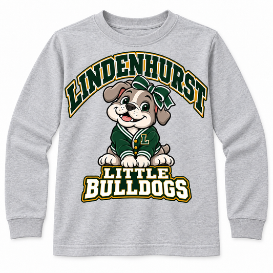 Lindenhurst Little Bulldogs Varsity Bow youth Long Sleeve Tee in Heather Gray, front view