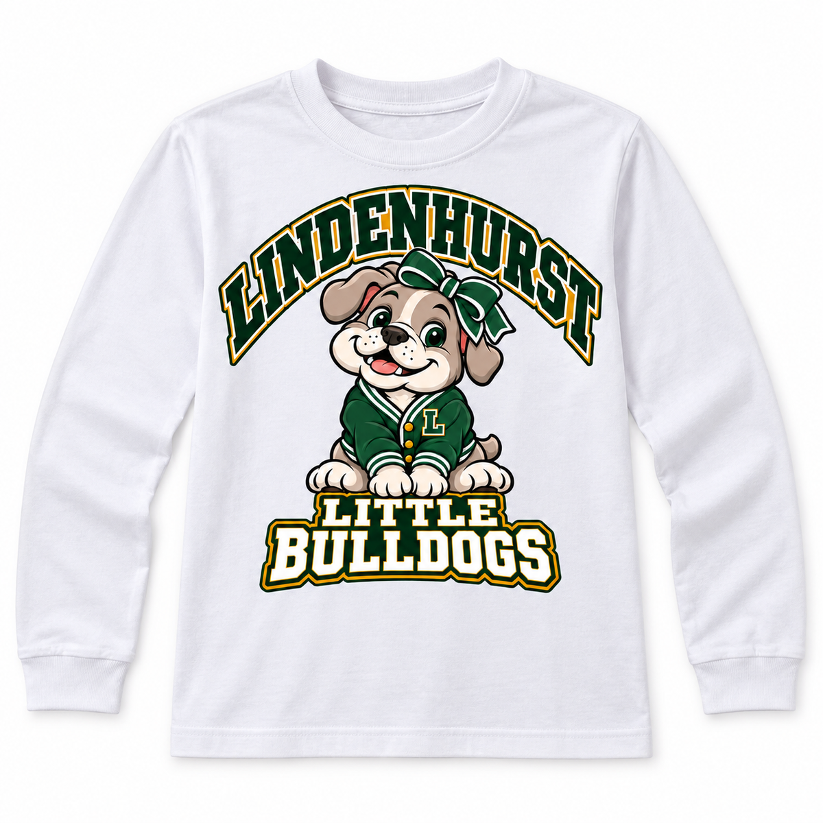 Lindenhurst Little Bulldogs Varsity Bow youth Long Sleeve Tee in White, front view