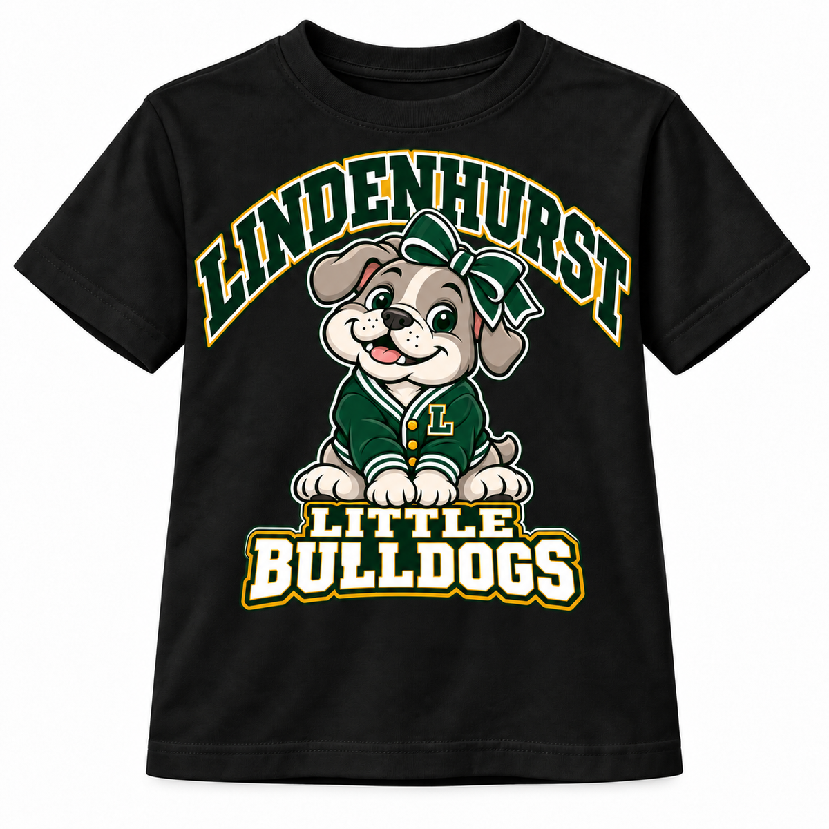 Lindenhurst Little Bulldogs Varsity Bow youth T-Shirt in Black, front view