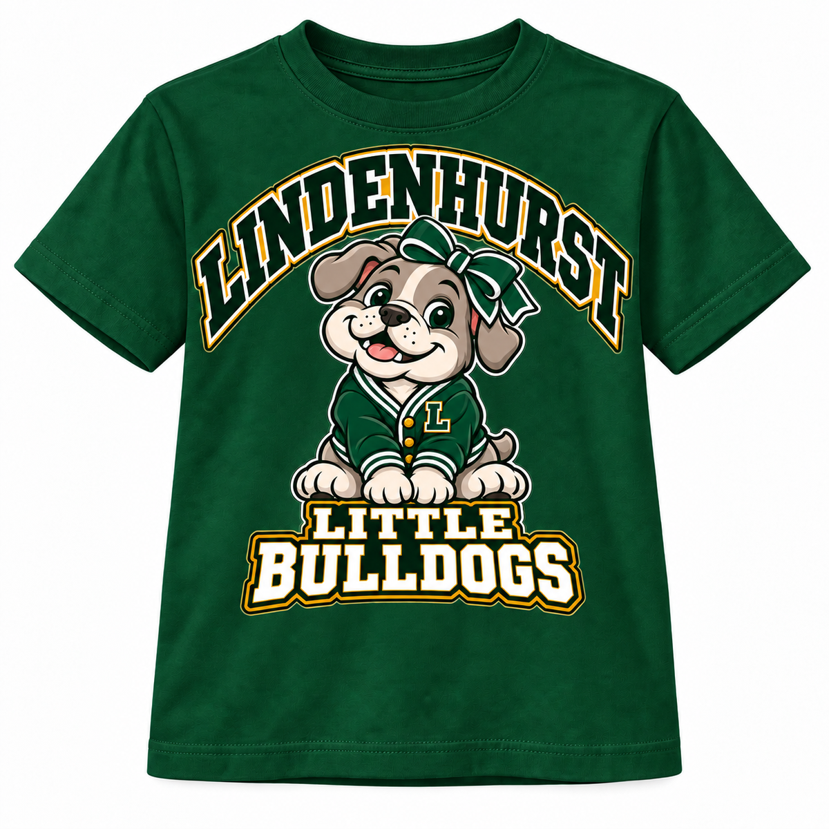 Lindenhurst Little Bulldogs Varsity Bow youth T-Shirt in Forest Green, front view